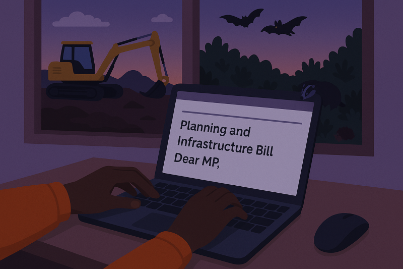 Person writing an email on their laptop. A digger and bats are outside the window in front of them